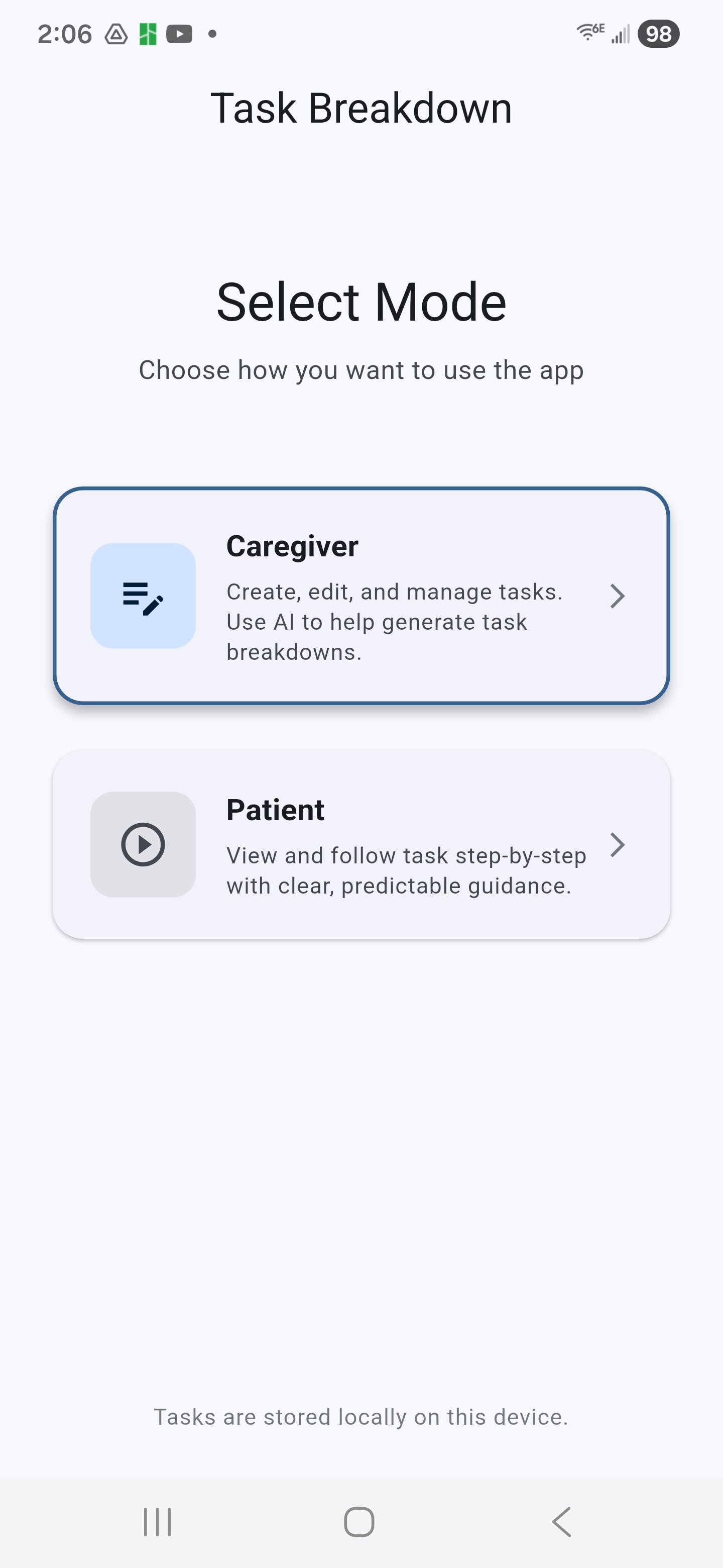 Task Breakdown Mode Select
